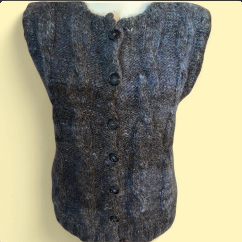 Hand Knit Blue Wool Cable Cardigan Vest Cottagecore